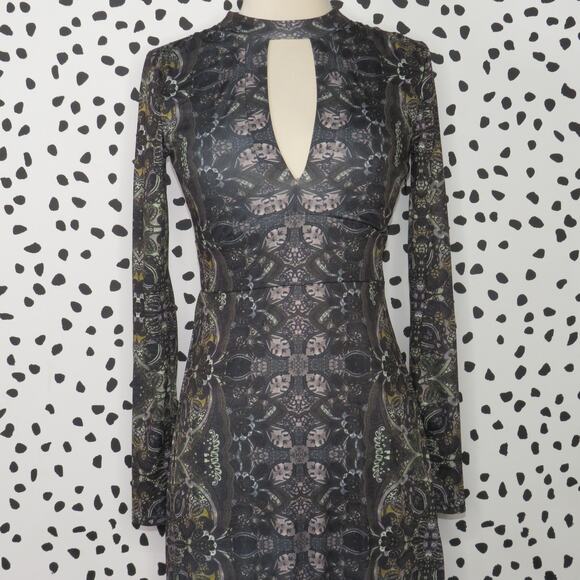 Free People Cabaret Long Sleeve Gray Boho Printed Keyhole Maxi Dress - Picture 5 of 12